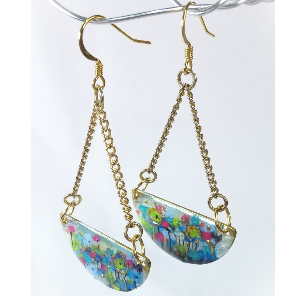 Artisan Crafted Painted Floral Earrings Half Moon Gold Tone Chain Monet Abstract - Picture 7 of 10